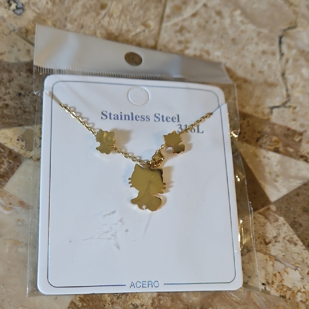 Kitty Cat Head Pendant Necklace Earrings Set Stainless Steel Gold Tone New
